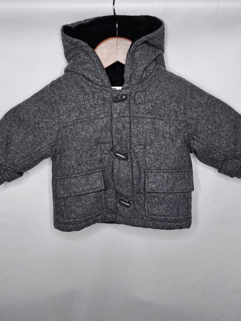 Baby Boy Infant Childrens Place Gray Wool Blend Zip Button Pea Coat Hooded 6-9M